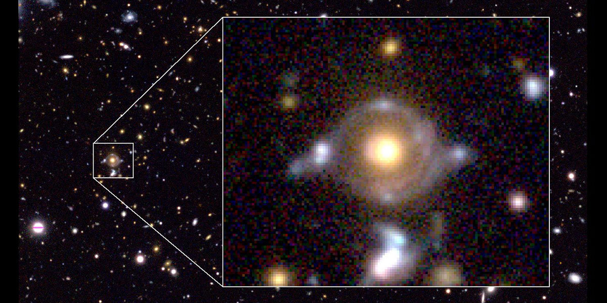 The light emitted by an object behind a luminous celestial object was bent by the gravity of dark matter around it, which is observed in the form of the ring.