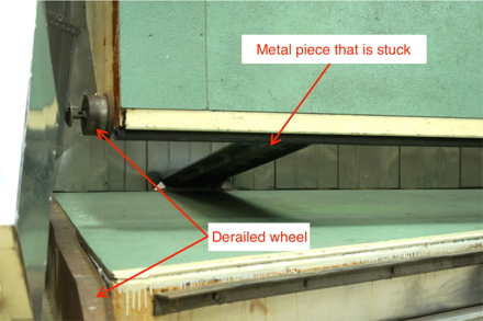 Metal piece and derailed roller